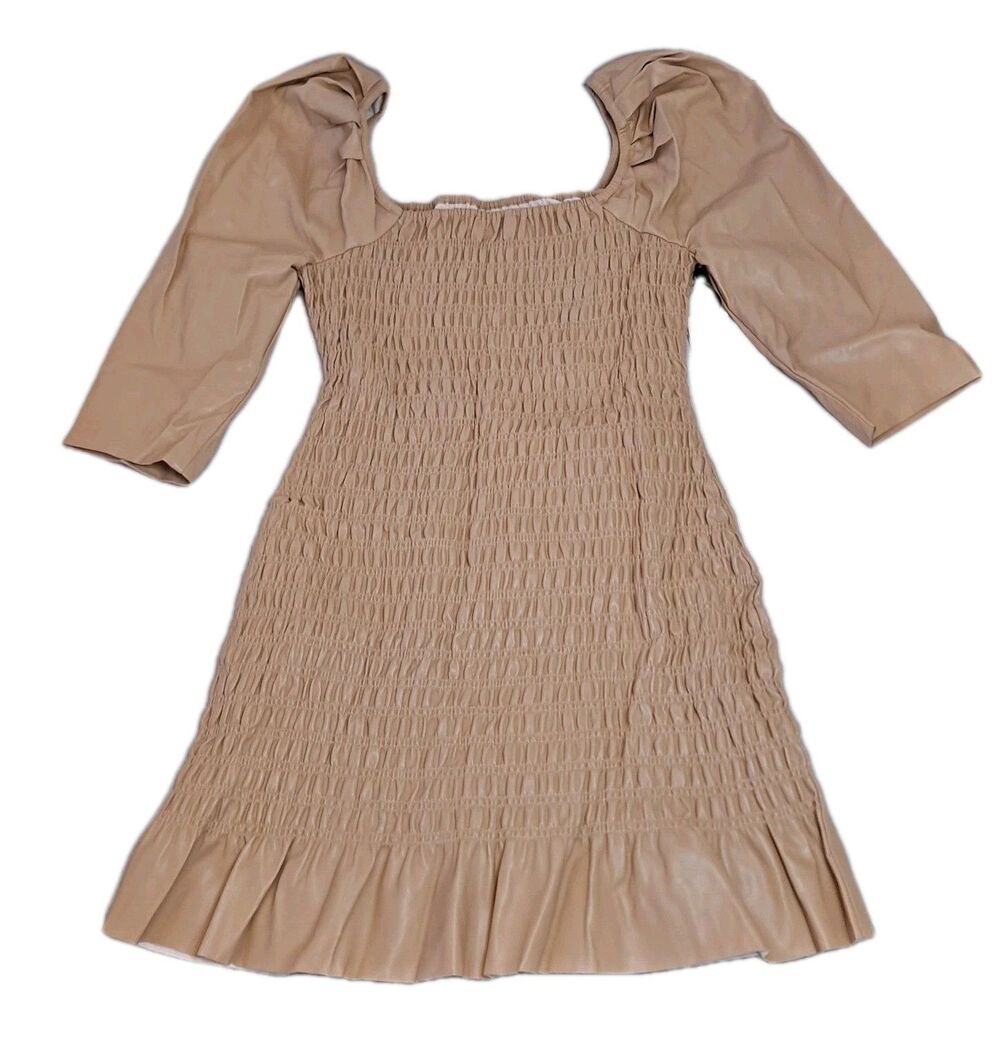 Saylor Women's Justina Faux Leather Mini Dress Size L Taupe Smocked Puff Sleeve